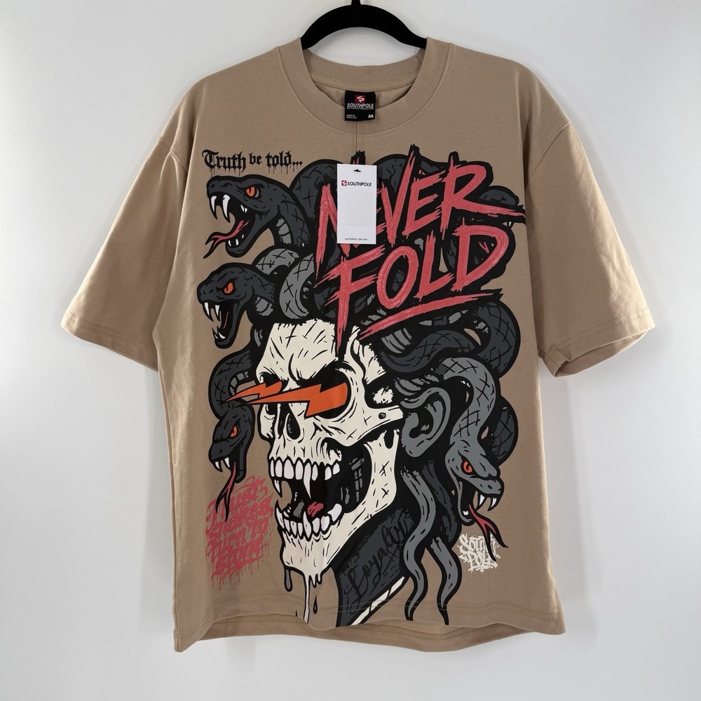 SouthPole Men's Medium Y2K Skull Medusa Never Fold Shirt Beige Short Sleeve NWT